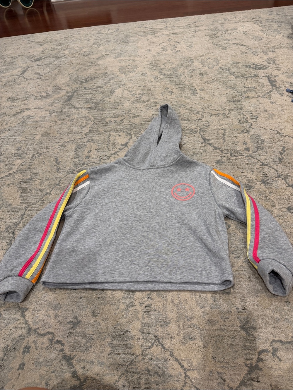 Girls' Gray Hooded Sweatshirt with Pink Star and Multicolor Sleeve Stripes